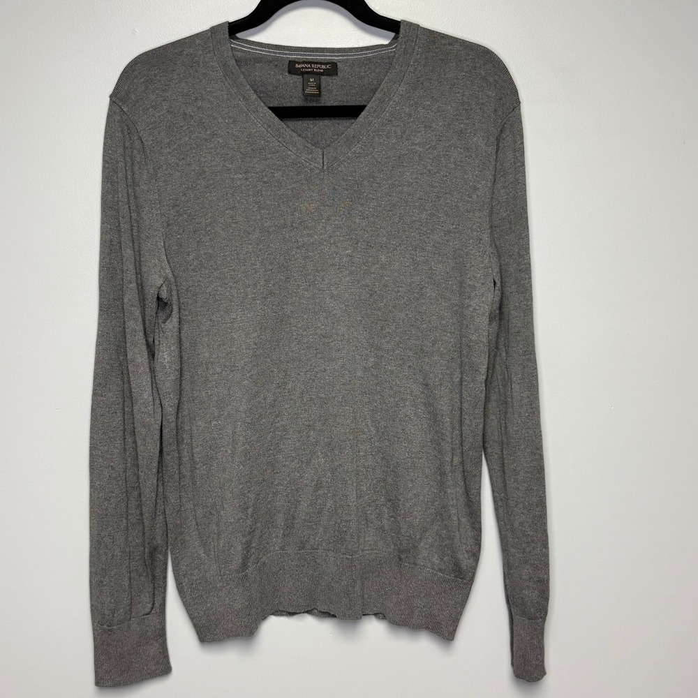Silk Cashmere Preppy Gray V-Neck Dad Lightweight Minimalist Sweater Mens Sz M
